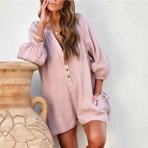 Women’s Short Rompers 3/4 sleeve Casual Loose V Neck Button Down Pocket Jumpsuit